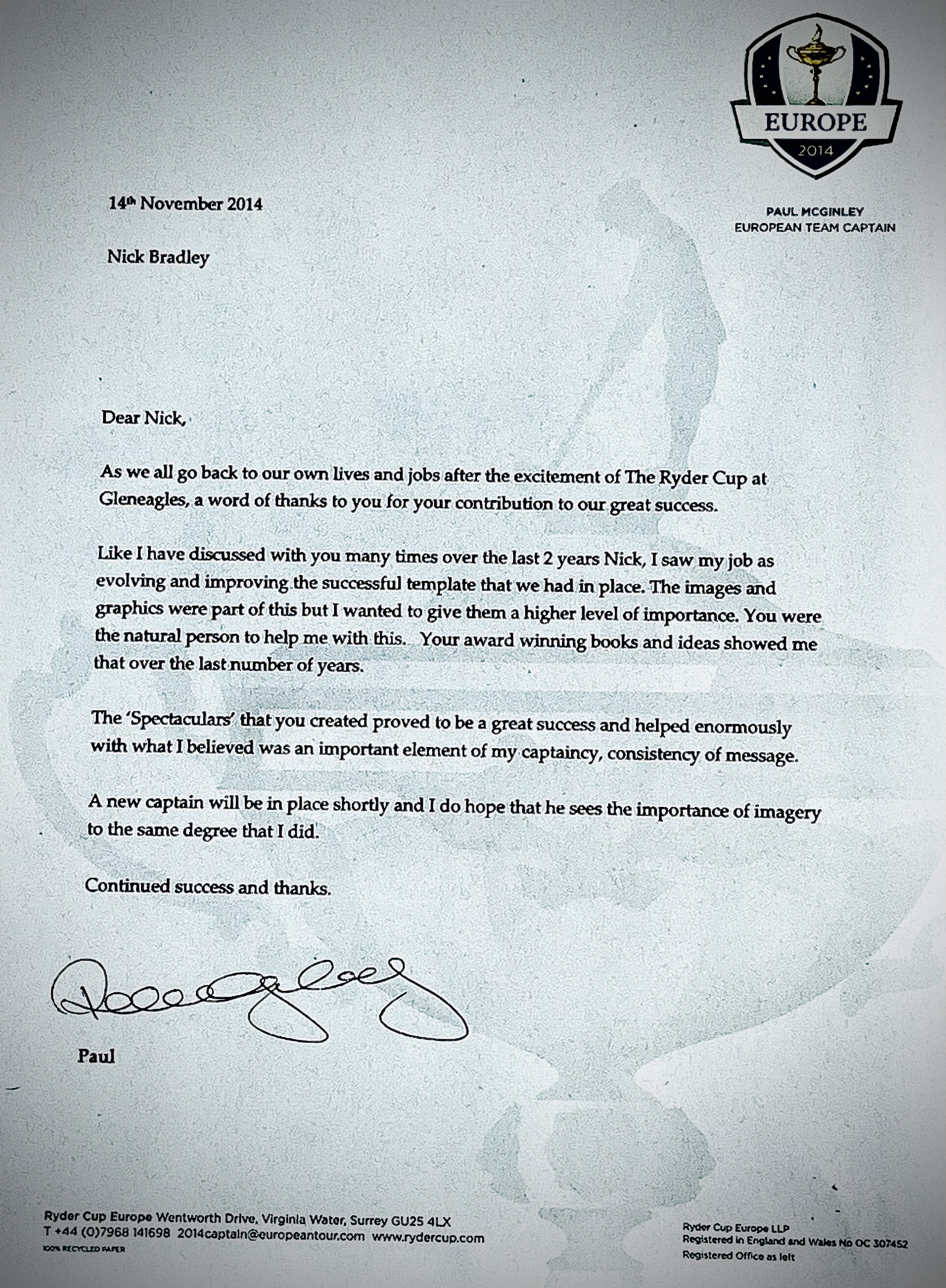 Letter from Paul McGinley